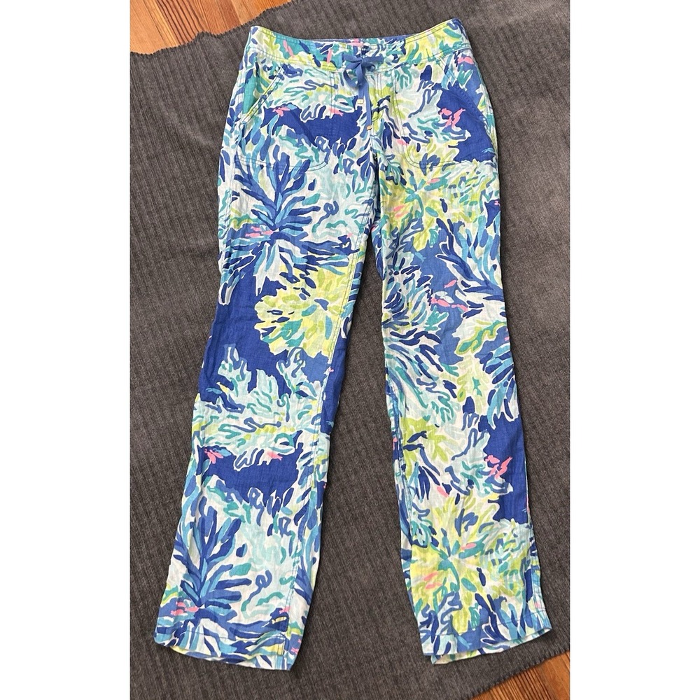 Lilly Pulitzer Womens Linen Wide Leg Pants Blue Green Pink Tropical Beach Size 4